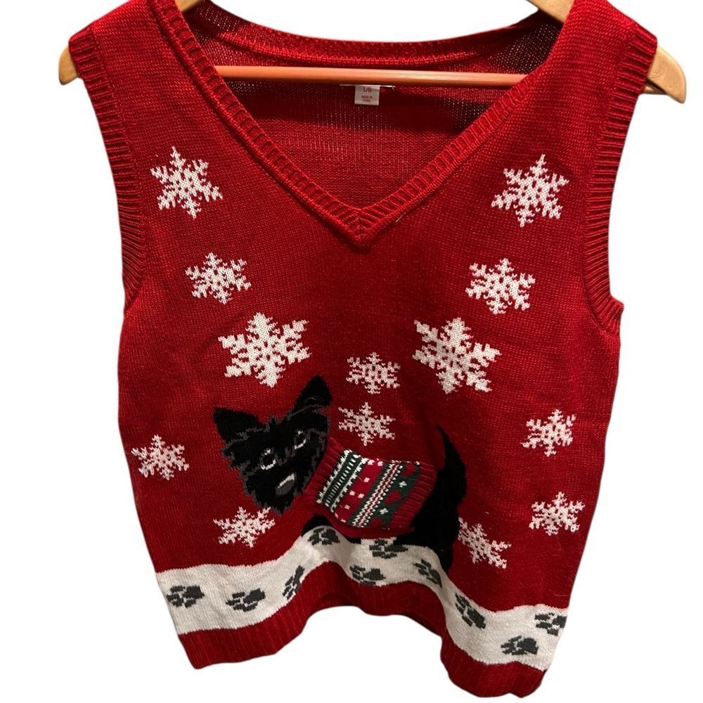 Xhileration red ugly Christmas Sweater Vest with Snowflakes and Dog Design large